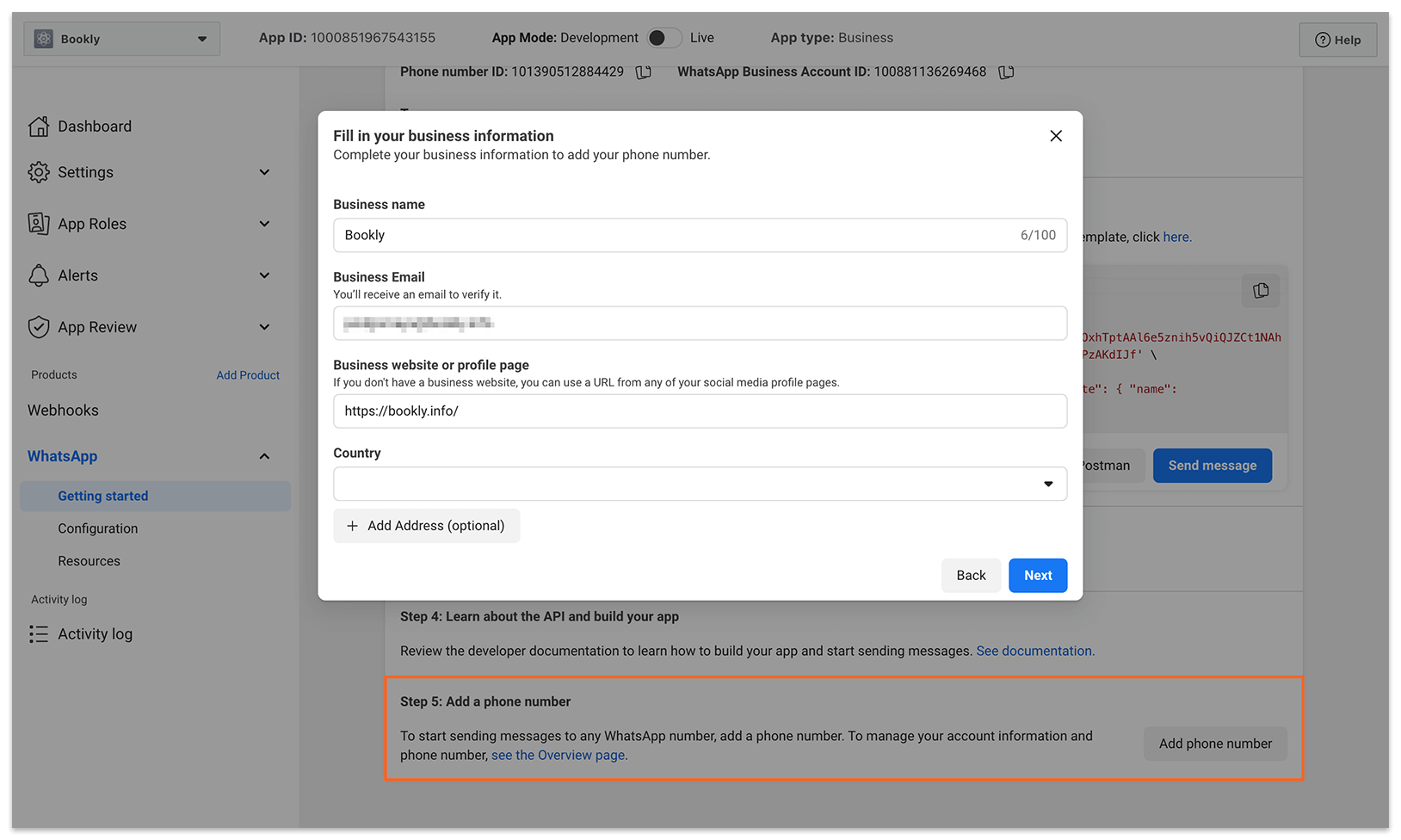 WhatsApp integration settings