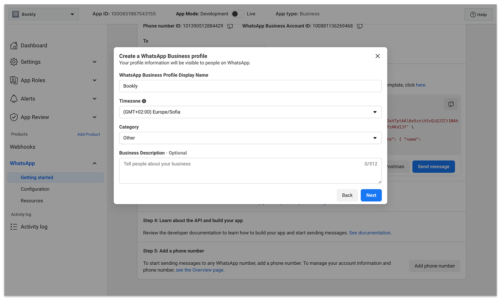 WhatsApp integration settings