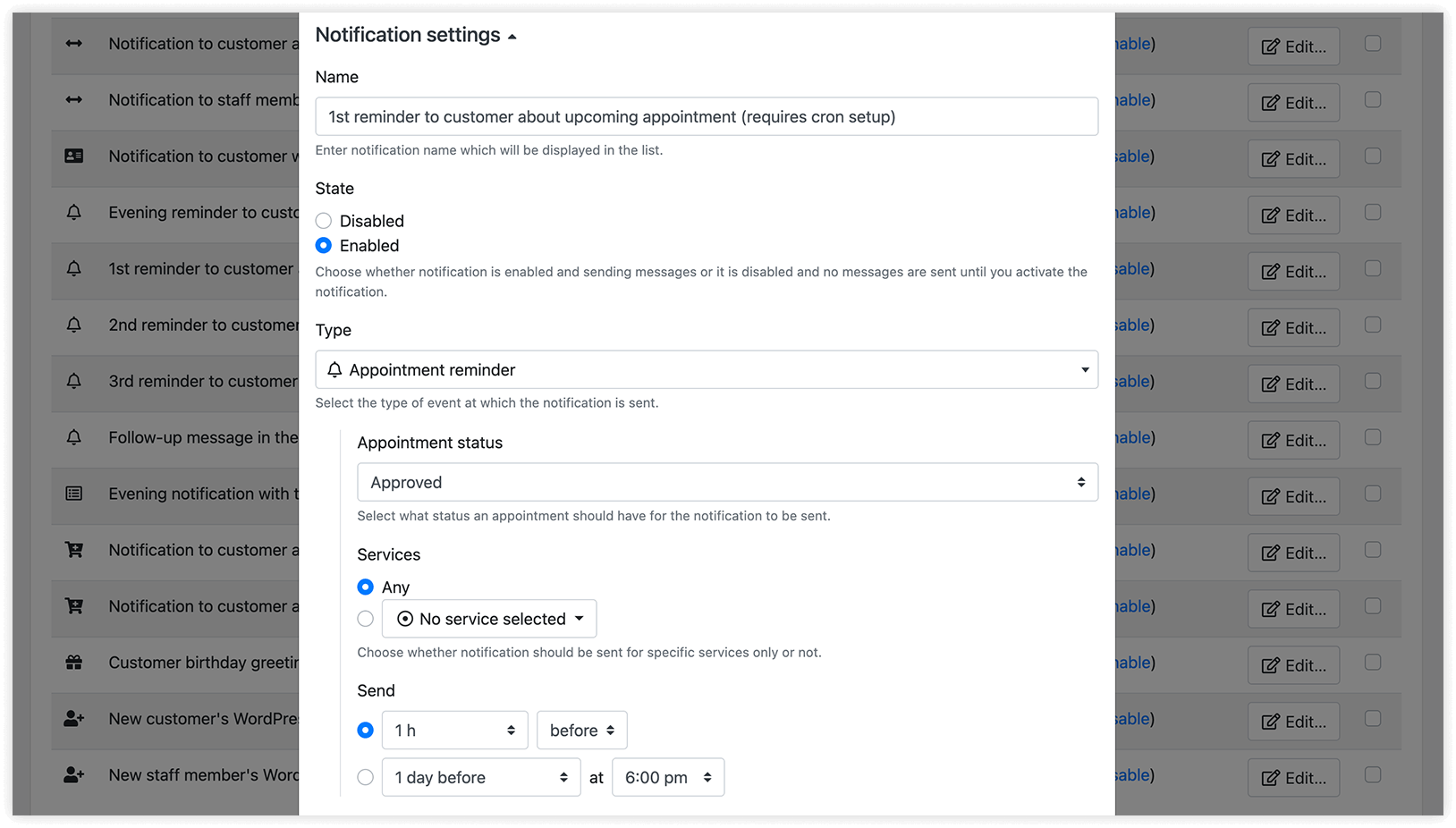 Email notifications section in Bookly