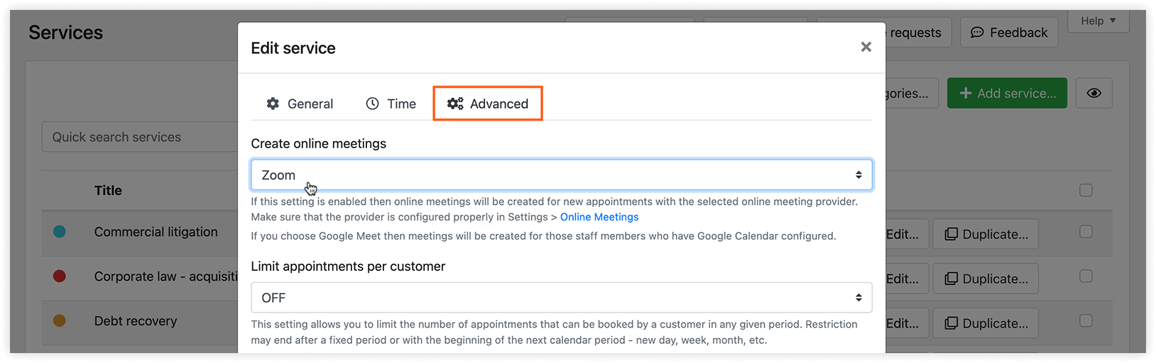 Services section in Bookly – Advanced tab