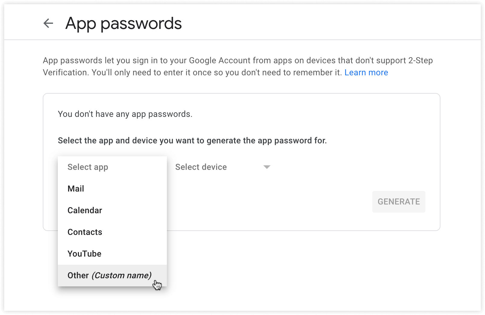 Generate password for Gmail