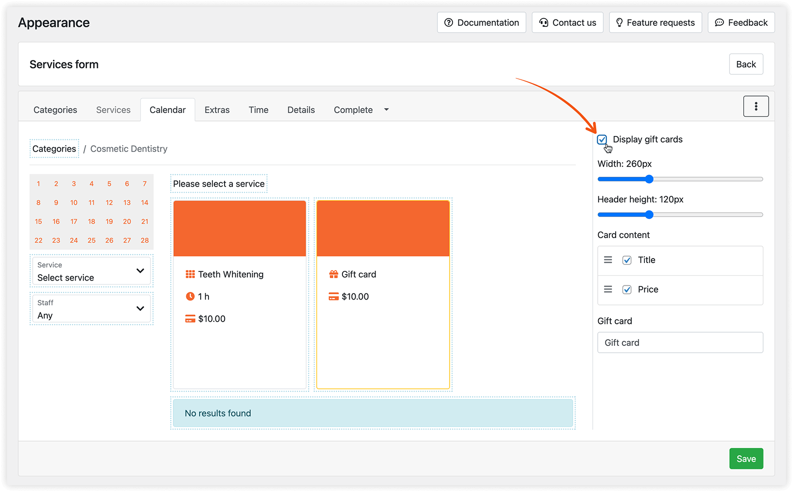 Appearance section in Bookly – Display gift cards