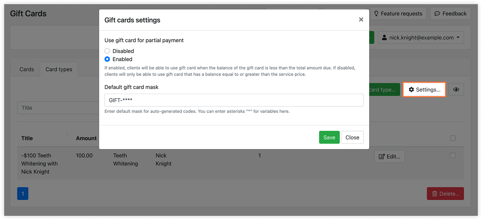 Gift Cards settings