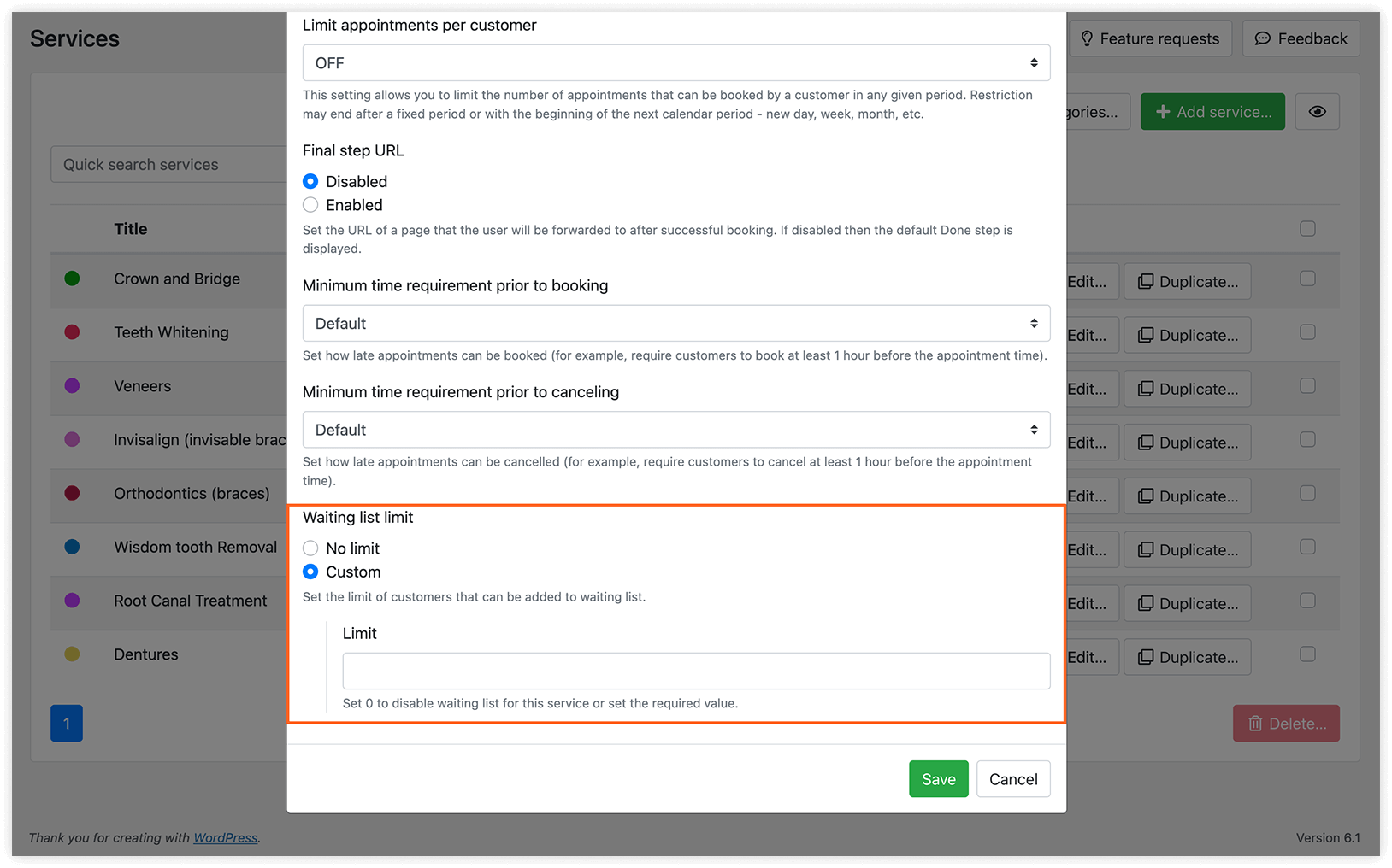 Waiting list capacity option for a service in Bookly