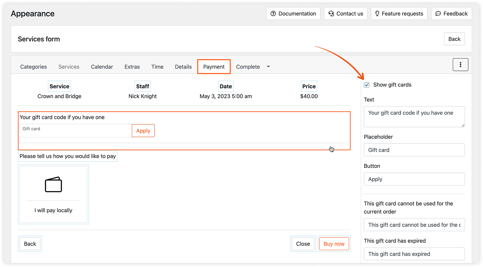 Appearance section in Bookly – Show gift cards