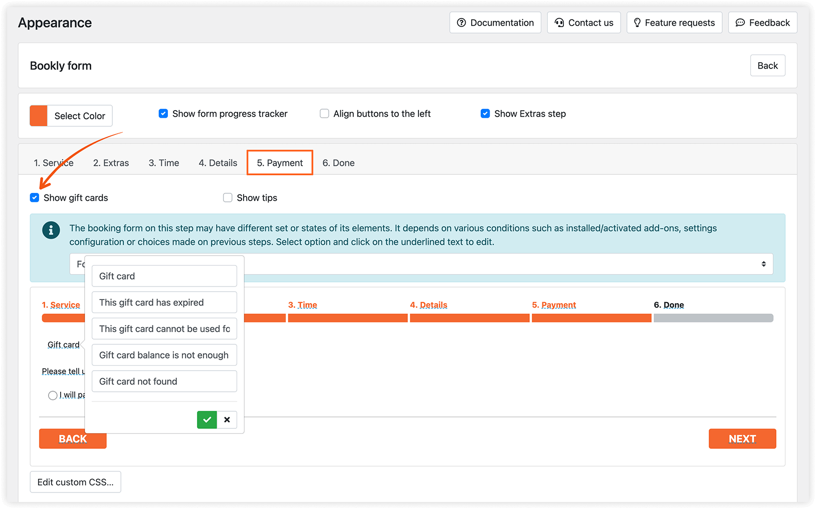 Appearance section in Bookly – Show gift cards