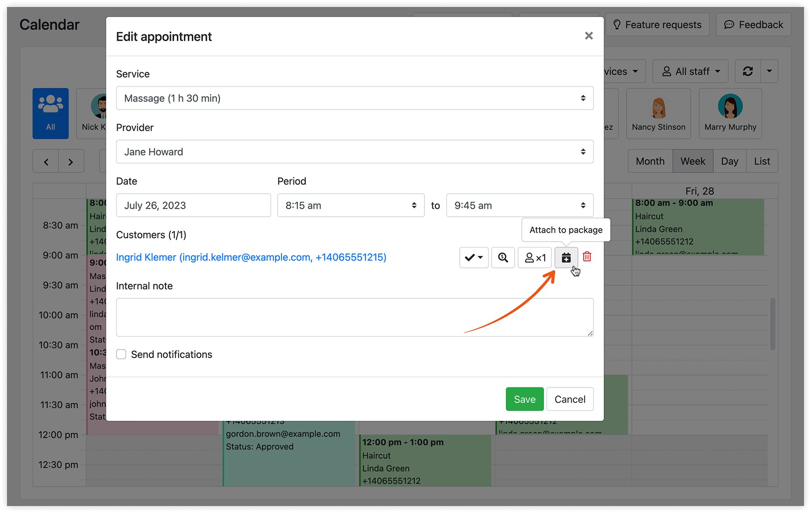 Attach appointment to package in Bookly