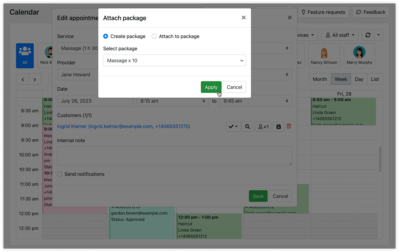 Attach appointment to package in Bookly