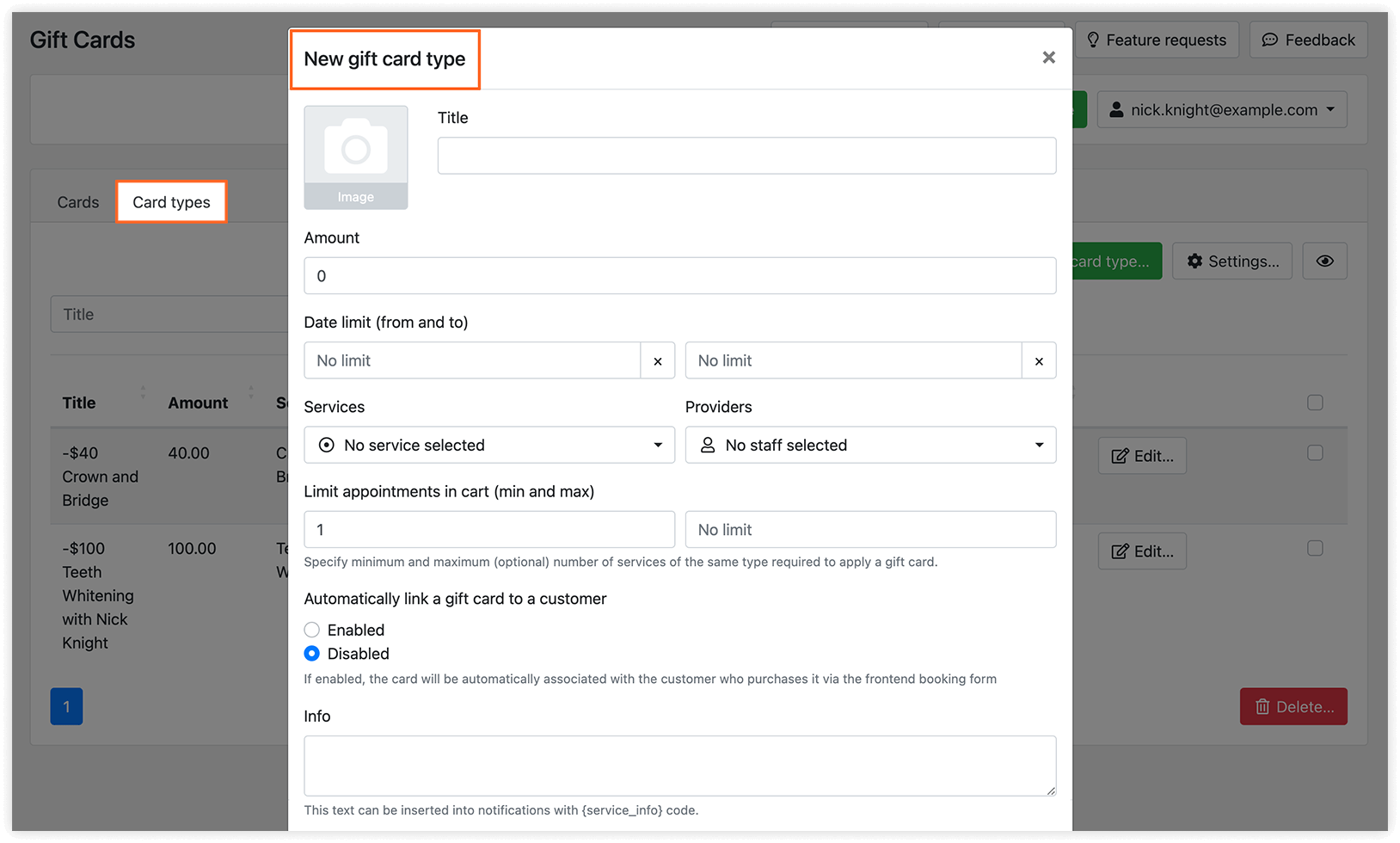 Add gift card type in Bookly