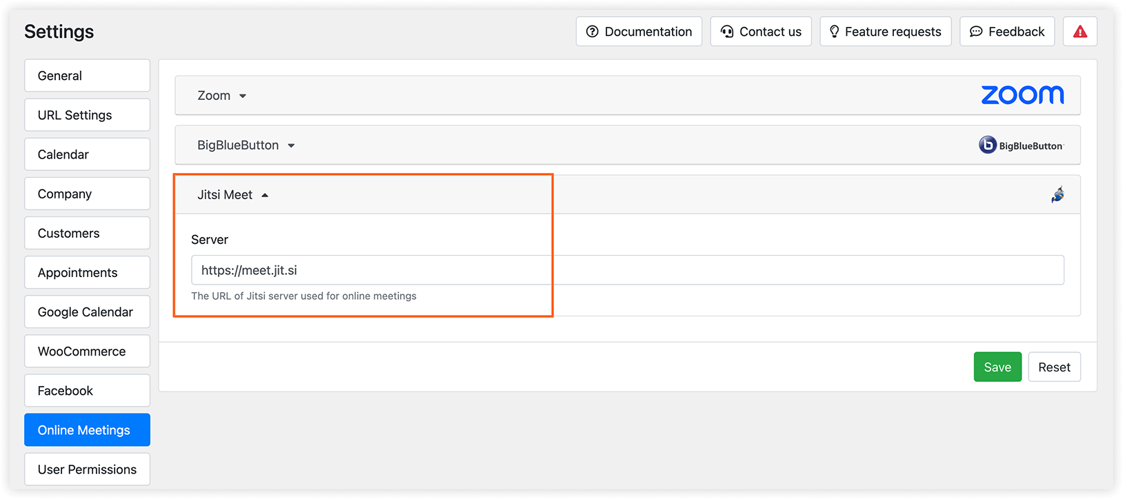 Online Meetings section in Bookly
