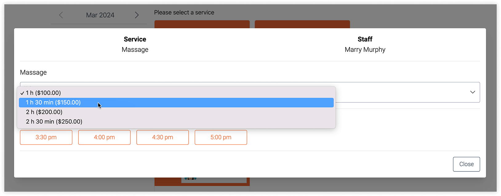 Service with custom duration in a Search booking form