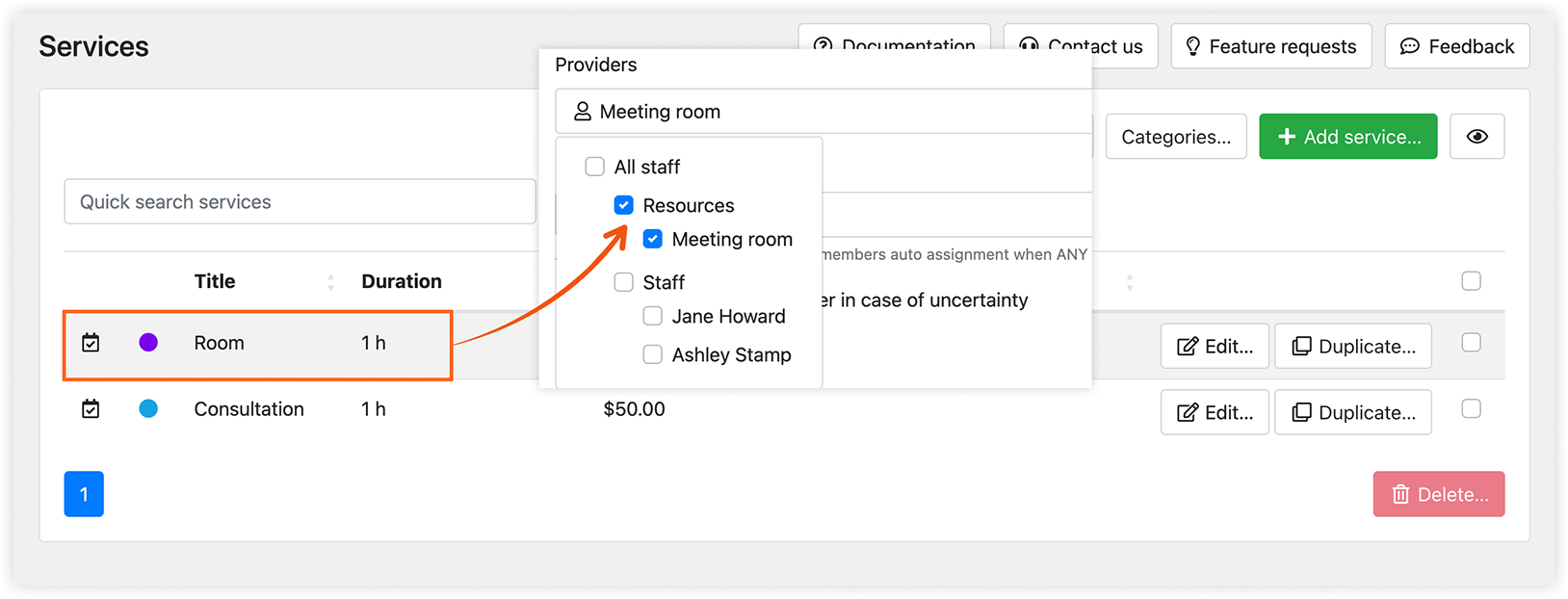 Services section in Bookly