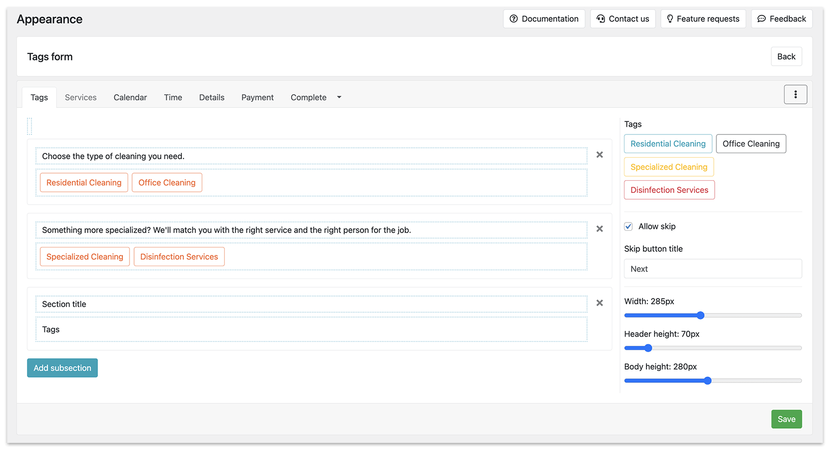 Appearance section in Bookly – Tags form