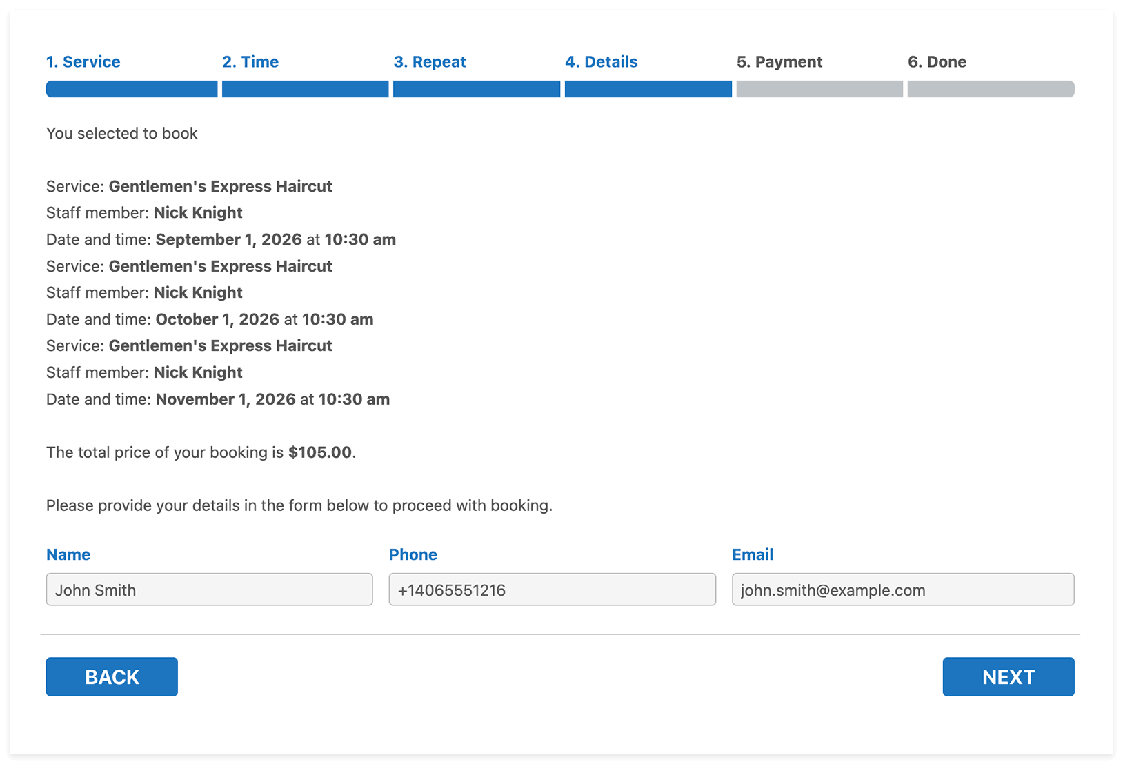 Step by step booking form frontend – Details step