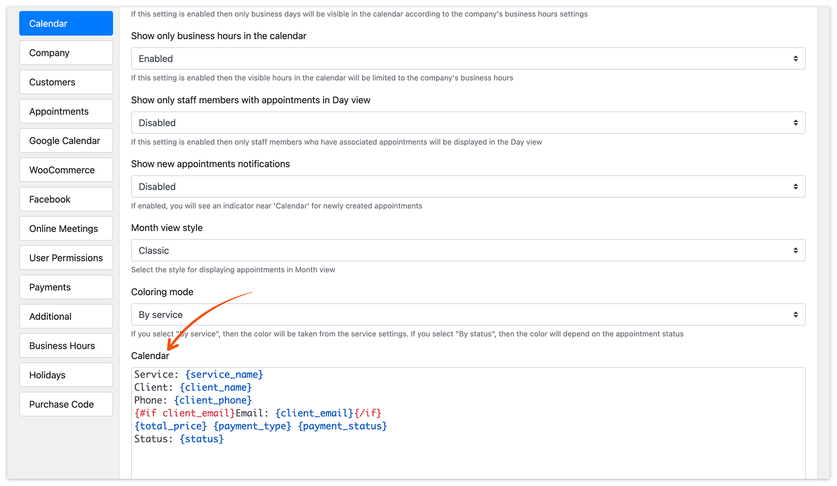 Bookly Settings – Calendar record template