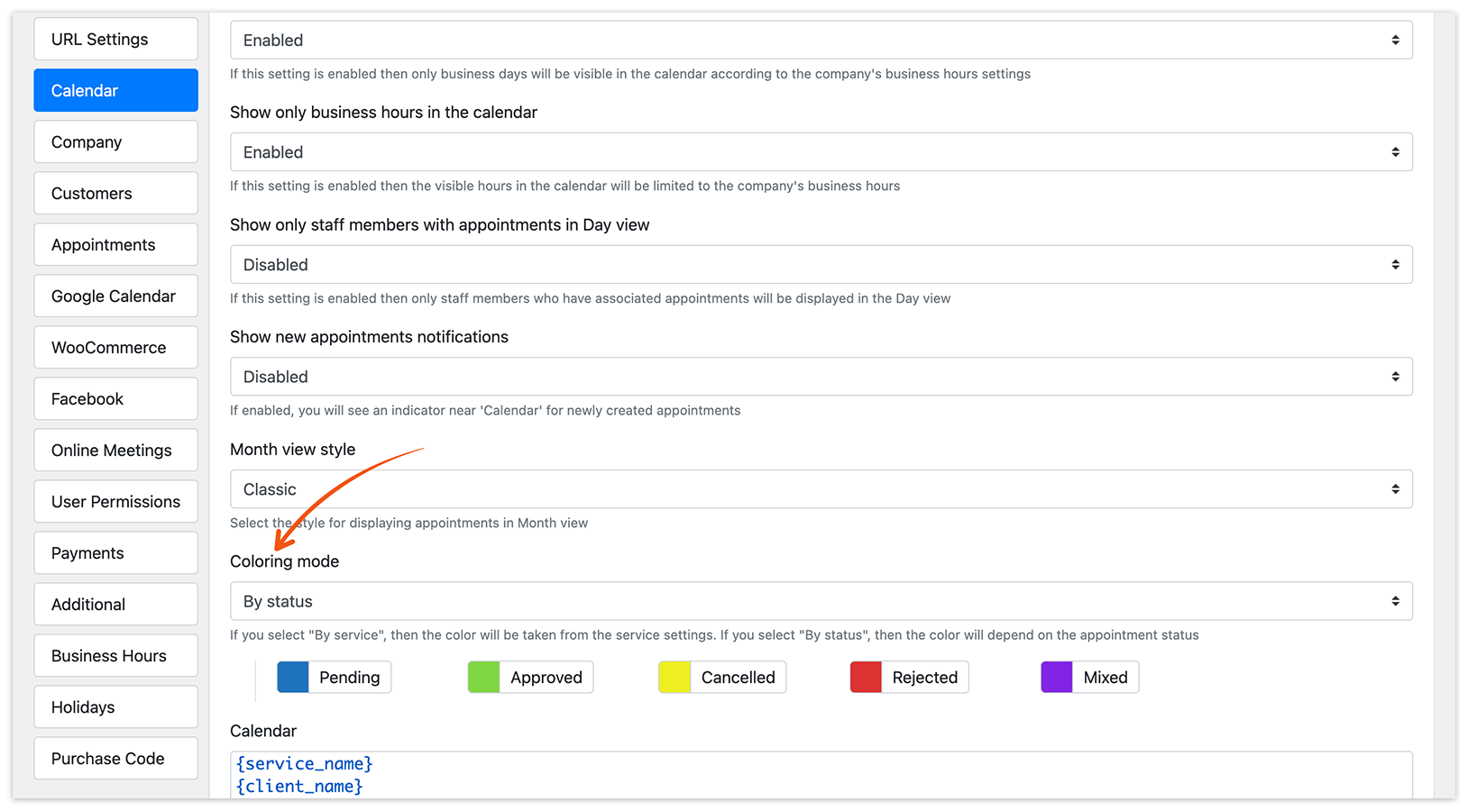 Calendar Settings in Bookly