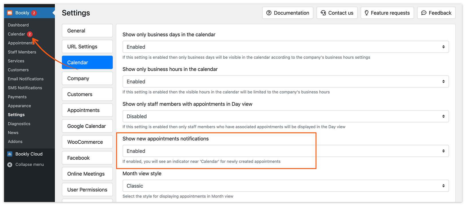 Bookly Settings – alert counter for new appointments