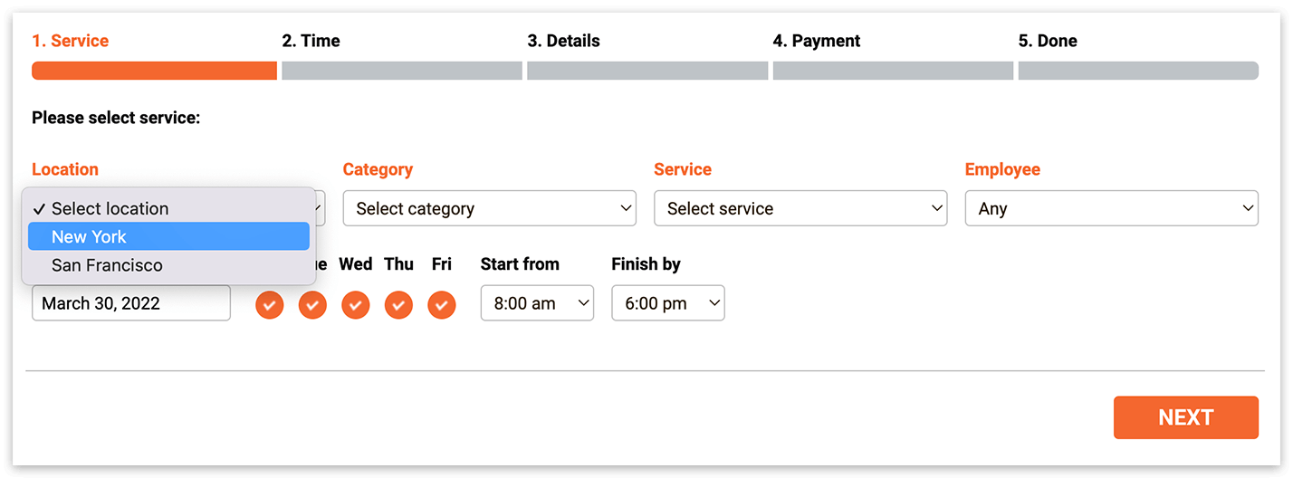 Bookly booking form with location selection