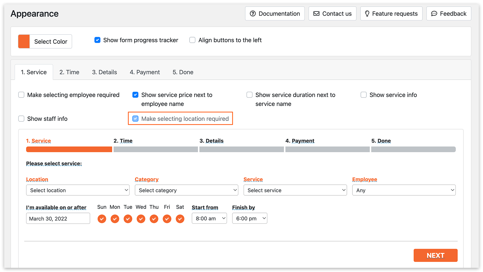 Appearance section in Bookly