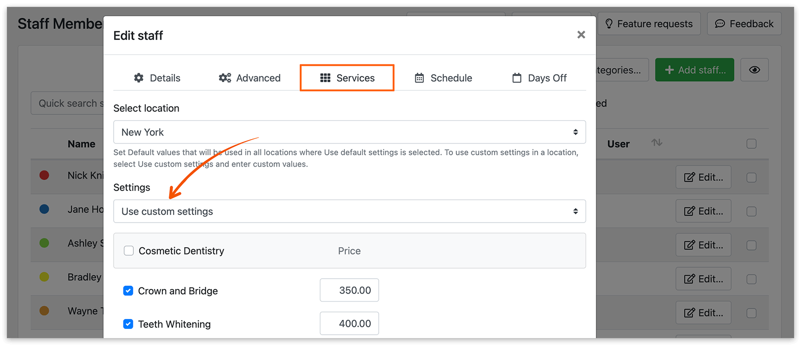 Edit staff – custom settings for location