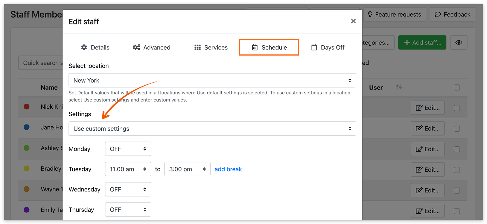 Edit staff – custom settings for location