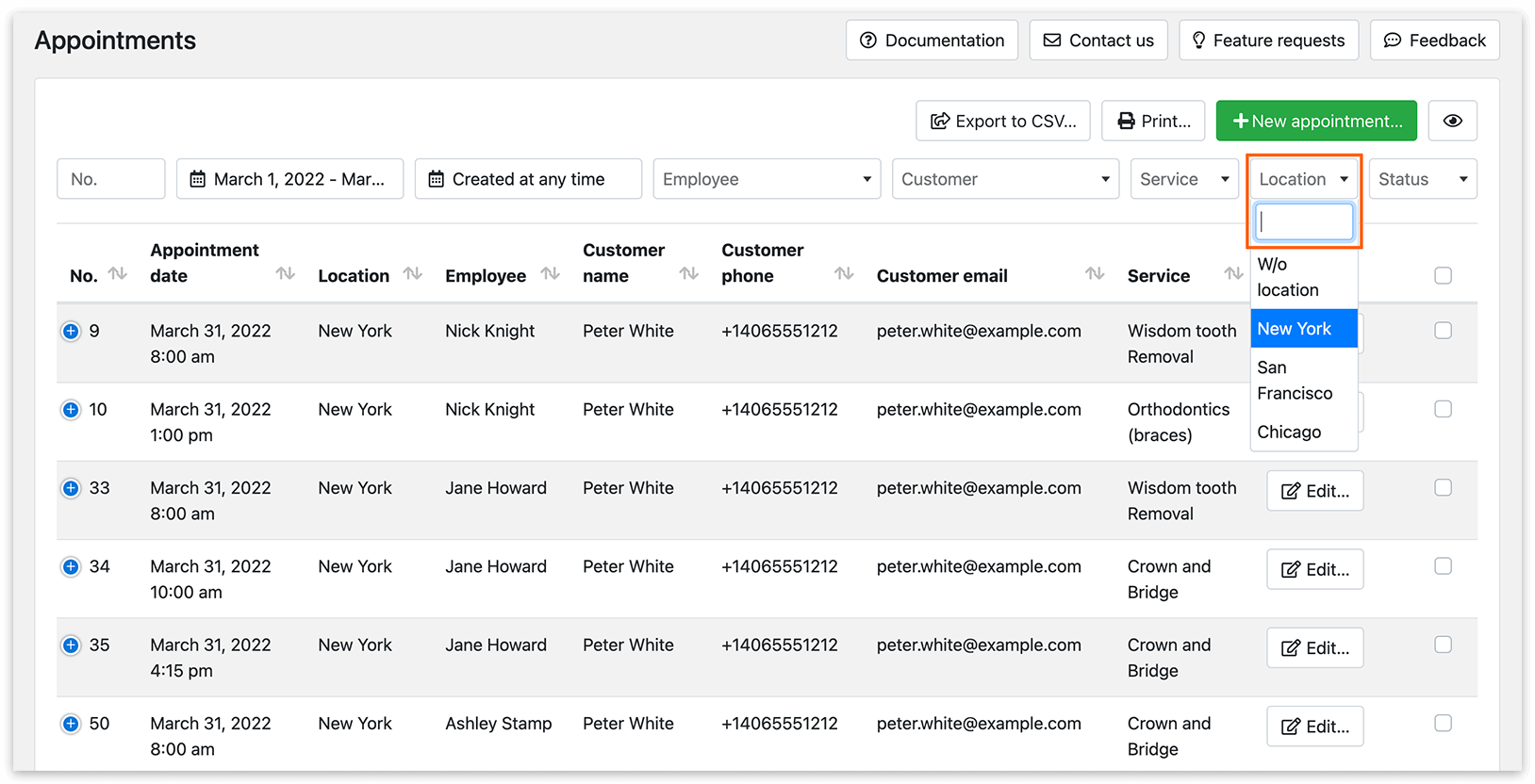 Appointments section in Bookly