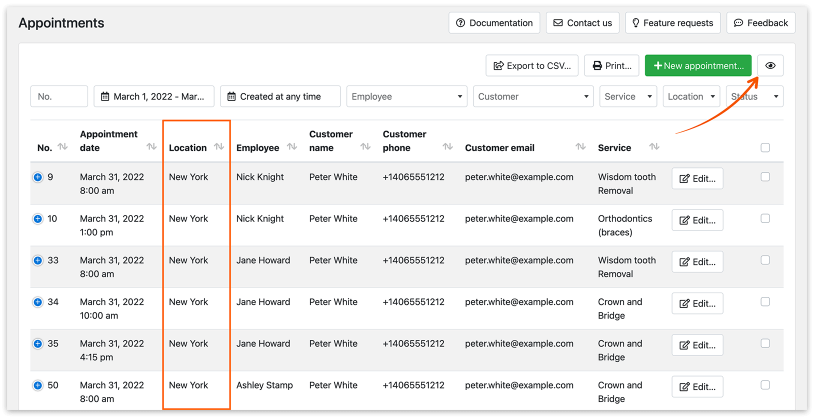 Appointments section in Bookly
