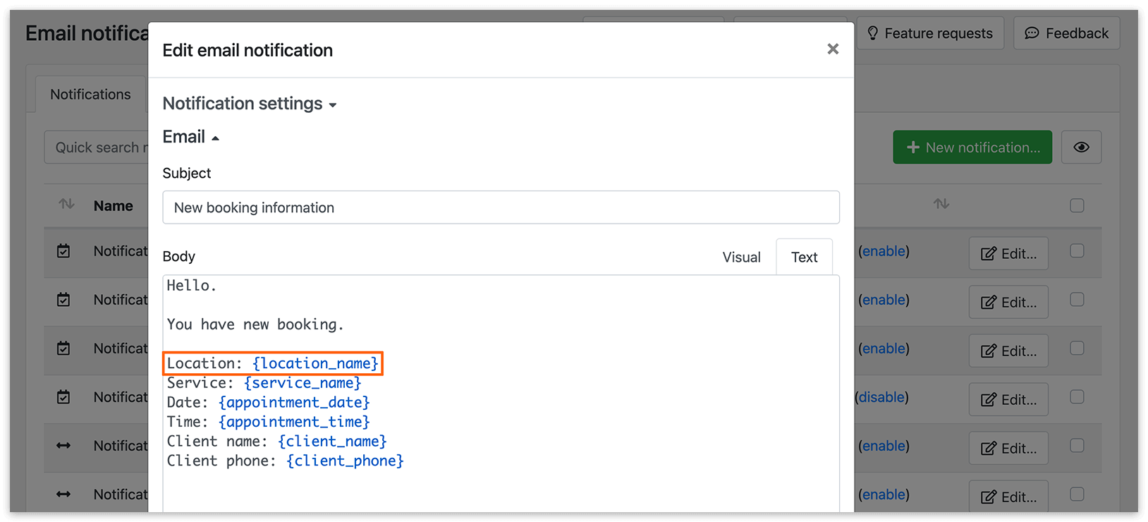 Edit email notification in Bookly