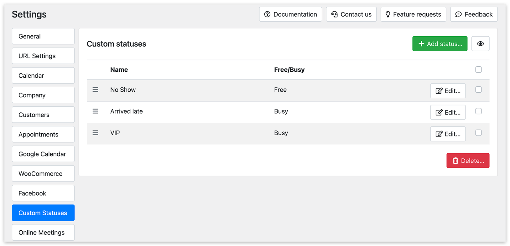 Custom Statuses section in Bookly