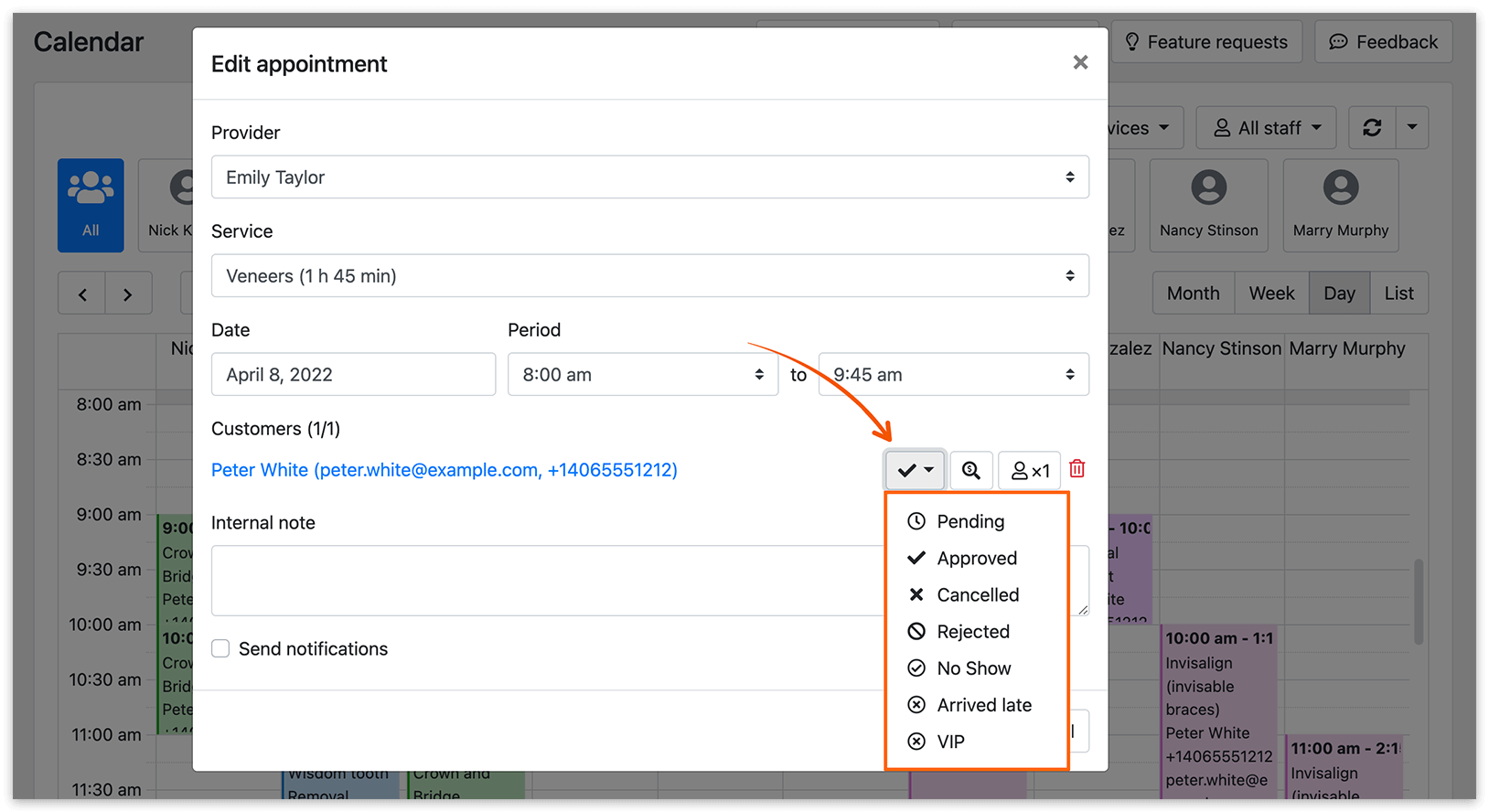 Edit appointment window in Bookly
