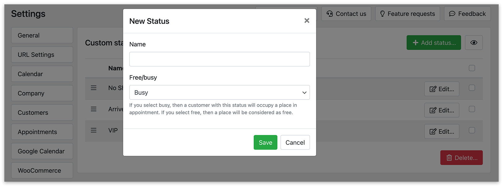 Custom Statuses section in Bookly