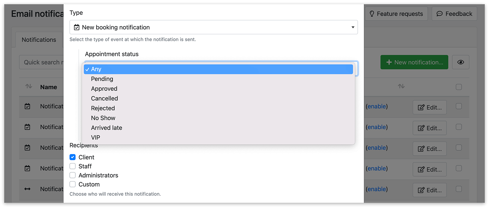 Email notifications section in Bookly
