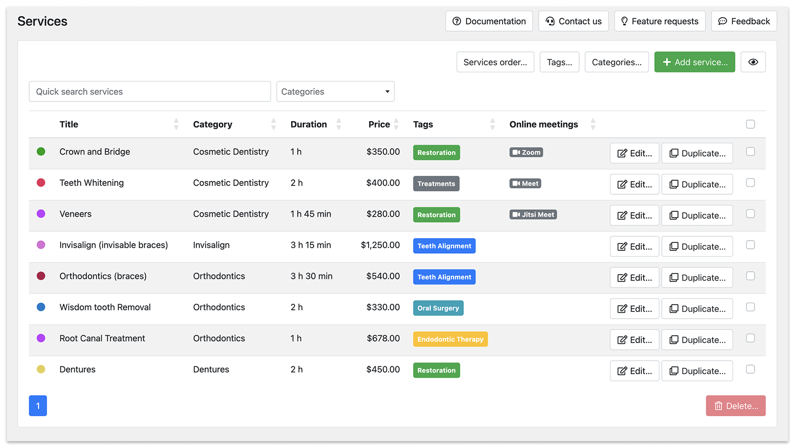 Section Services dans Bookly