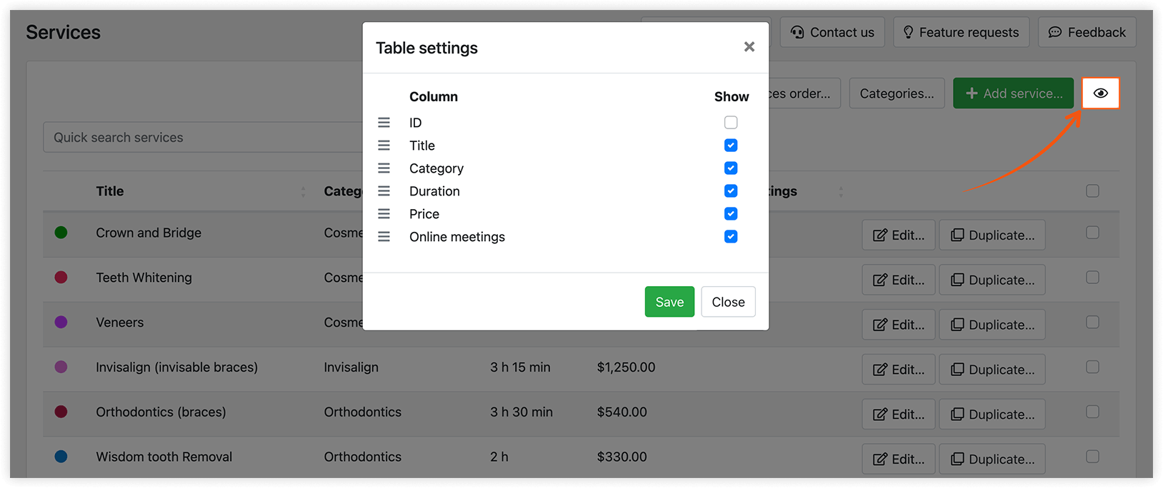 Section Services – Paramètres des tables