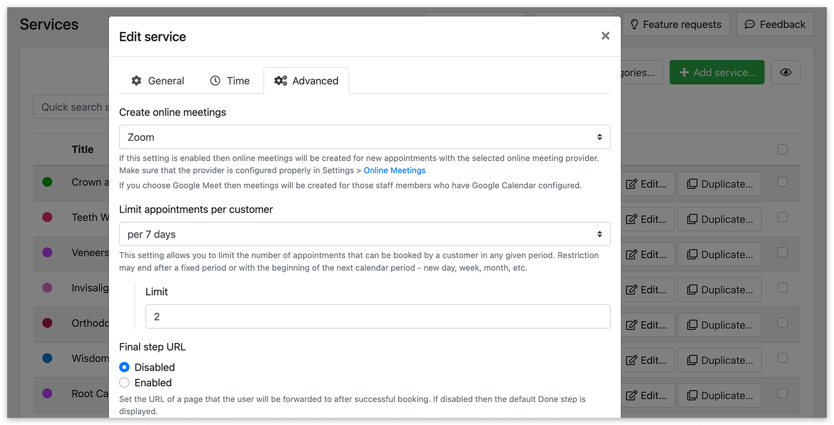 Paramètres avancés pour les services dans Bookly