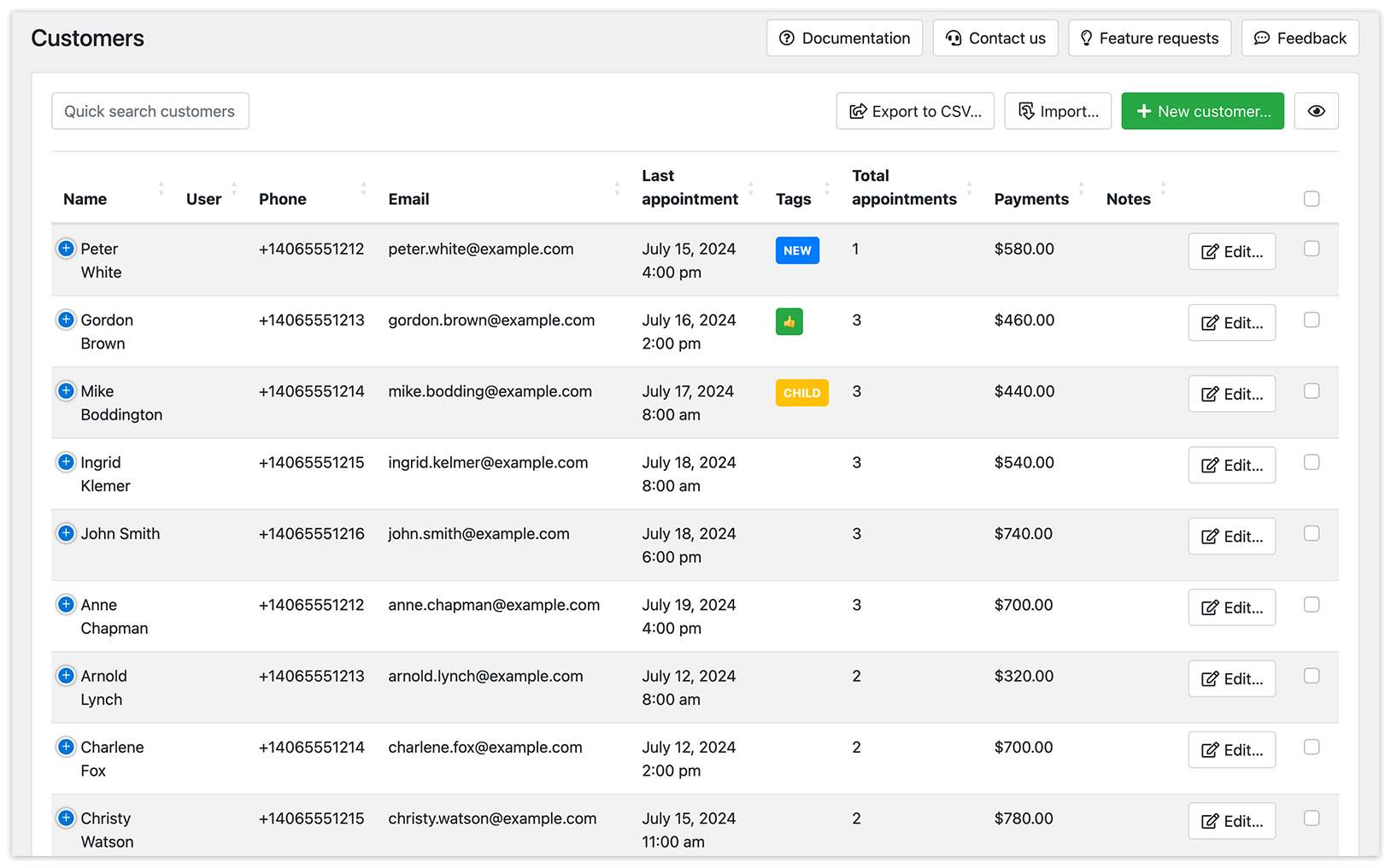 Customers section in Bookly