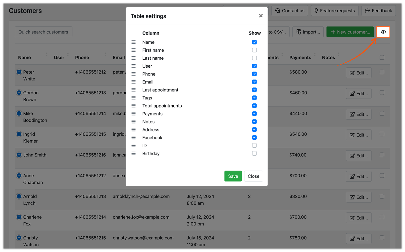 Customers section in Bookly – Table settings