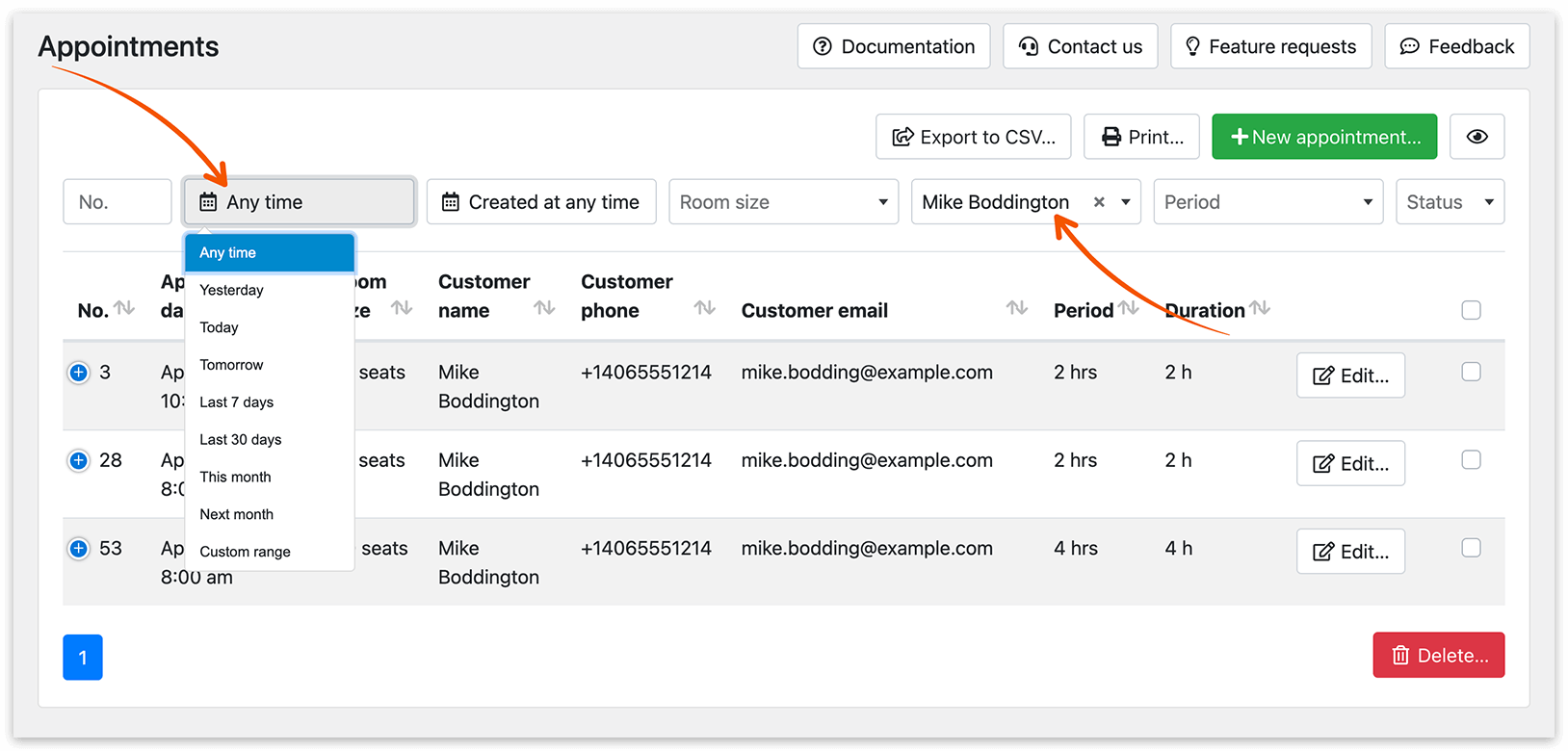 Appointments section in Bookly – booking history