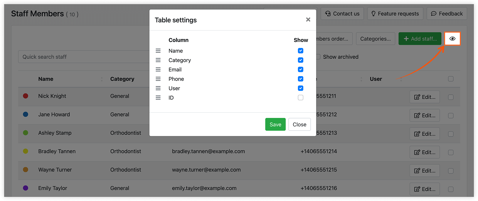 Section Membres du personnel dans Bookly – paramètres de table