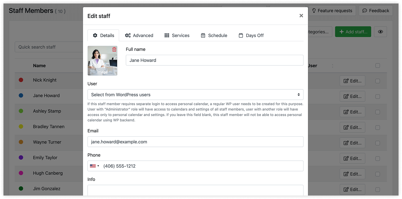 Carte de membre du personnel dans Bookly