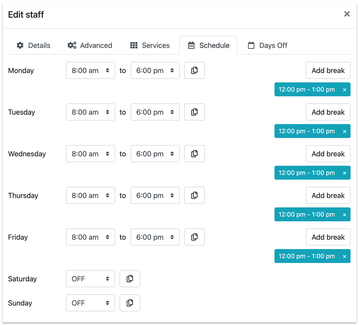 Emploi du temps des membres du personnel à Bookly