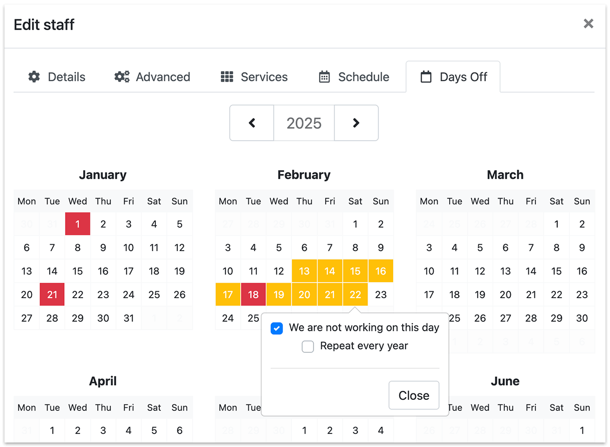 Jours de congé des collaborateurs à Bookly