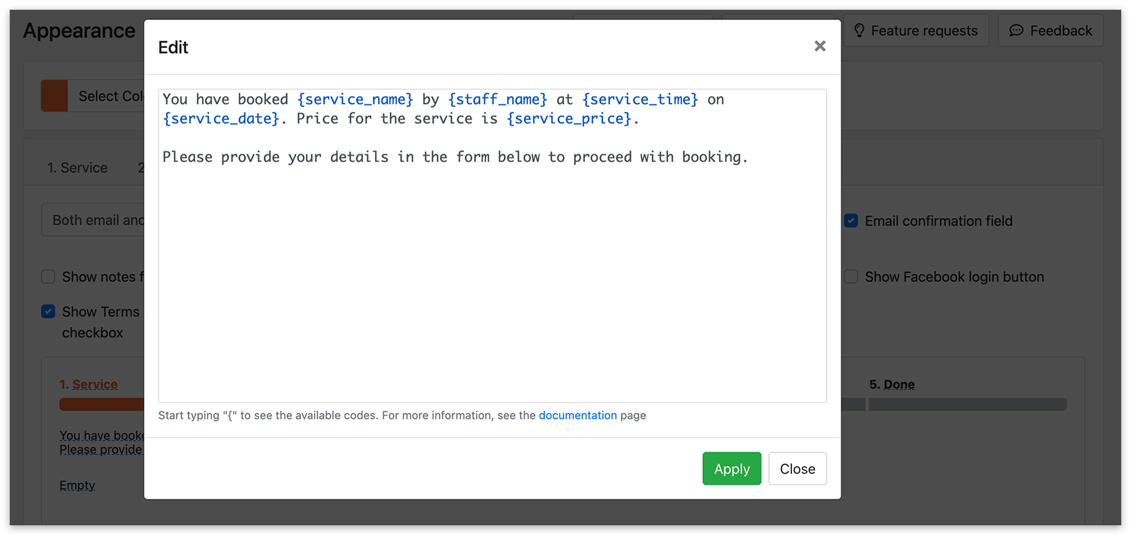 Customize template for booking form