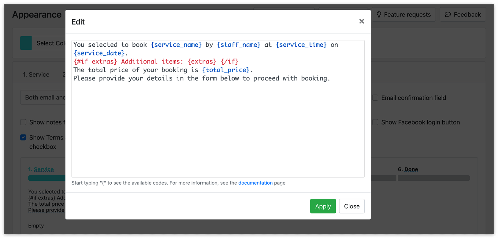 Customize template for booking form