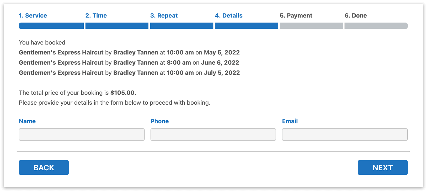 Bookly booking form