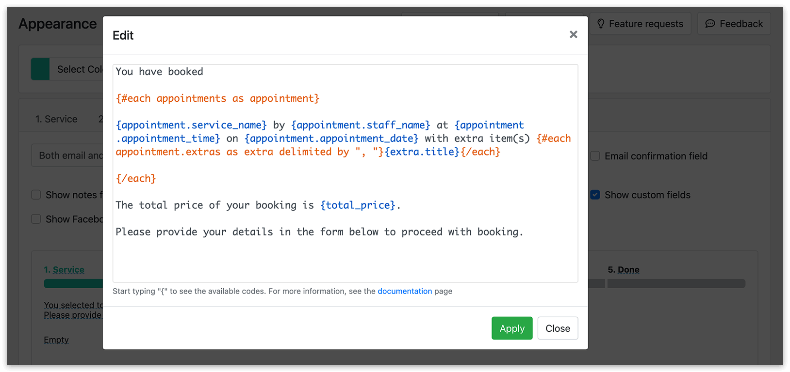Customize template for booking form