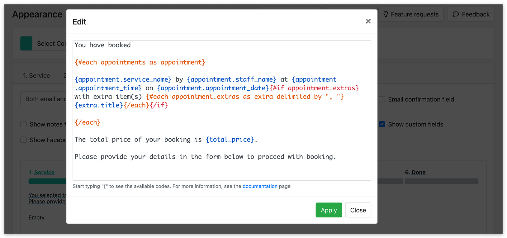 Appearance section in Bookly – customize texts