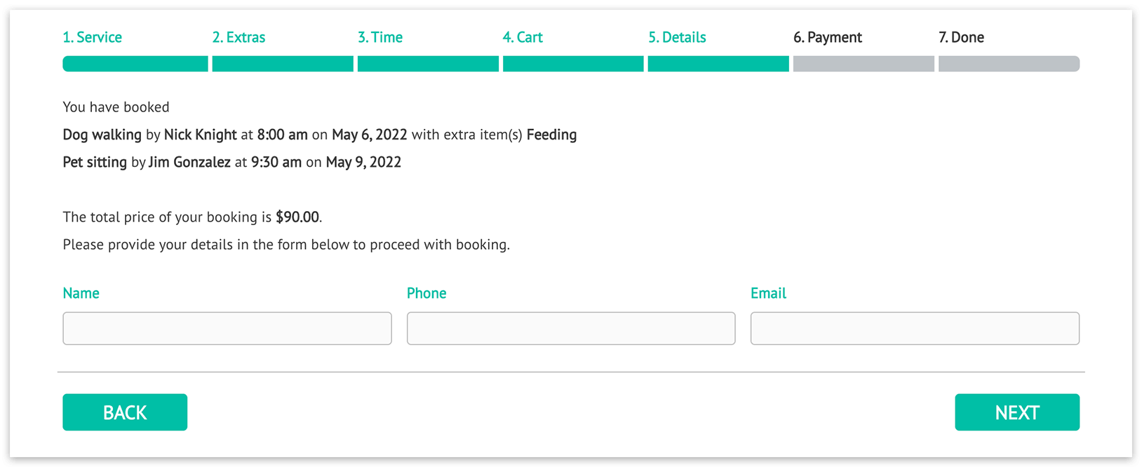 Bookly booking form – Details step