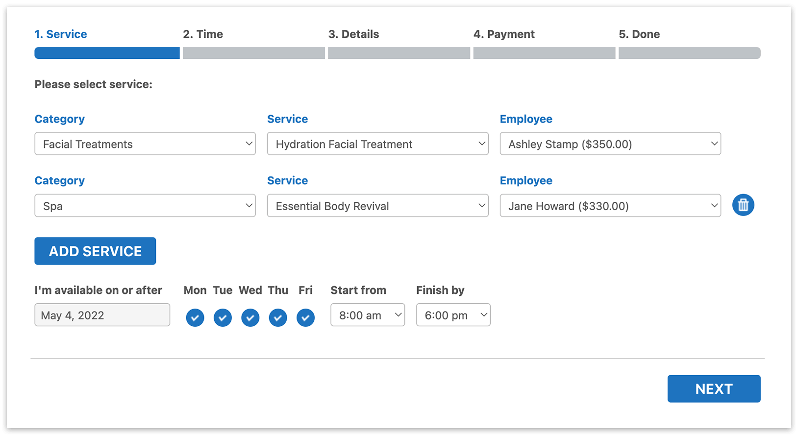 Bookly booking form – frontend with Bookly Chain Appointments (Add-on)