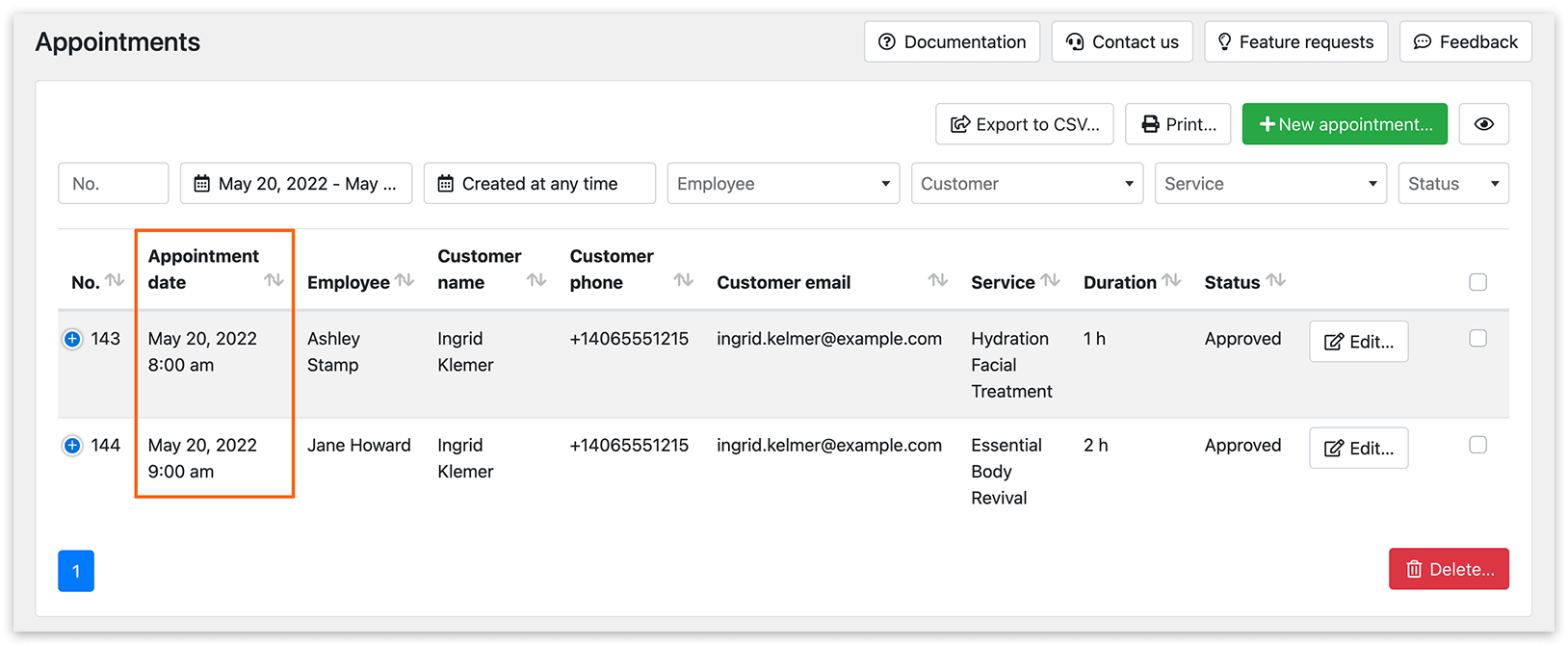 Appointments section in Bookly